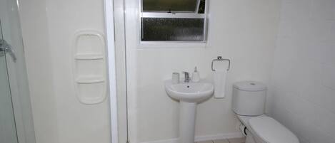 A bathroom with a shower, sink, toilet, and a window.