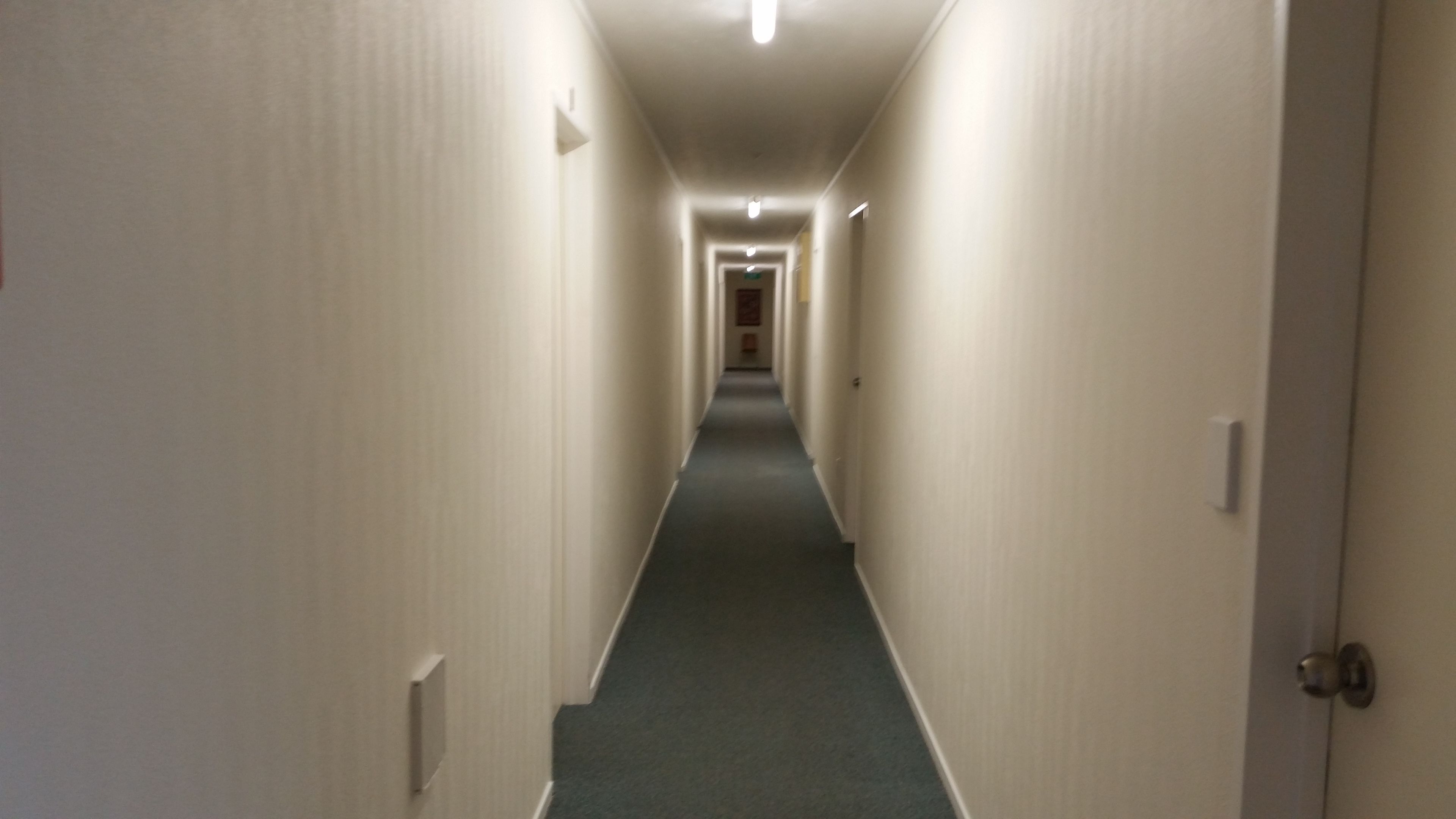 Un couloir étroit et bien éclairé, doté de murs blancs et d’un revêtement de sol en moquette.
