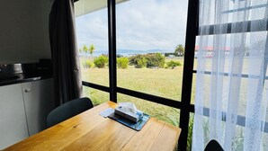 A room with a wooden table, a window with a view of a grassy area and distant buildings, and a curtain on the left.