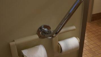 A bathroom with a handrail, toilet paper, and a tiled floor.