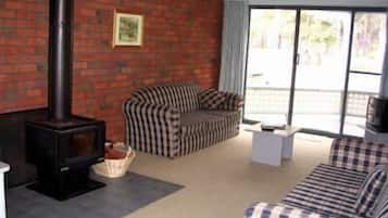 LCD TV, fireplace, DVD player