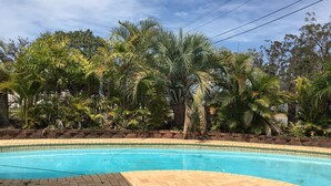 A swimming pool with a tiled deck, surrounded by lush greenery and palm trees. - Centenary Motor Inn (Oxley)