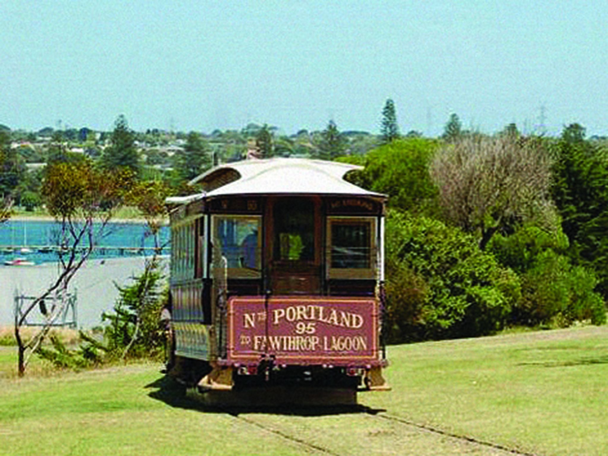 A vintage tram with "N. Portland 95" and "Fawhurst Lagoon" written on it.