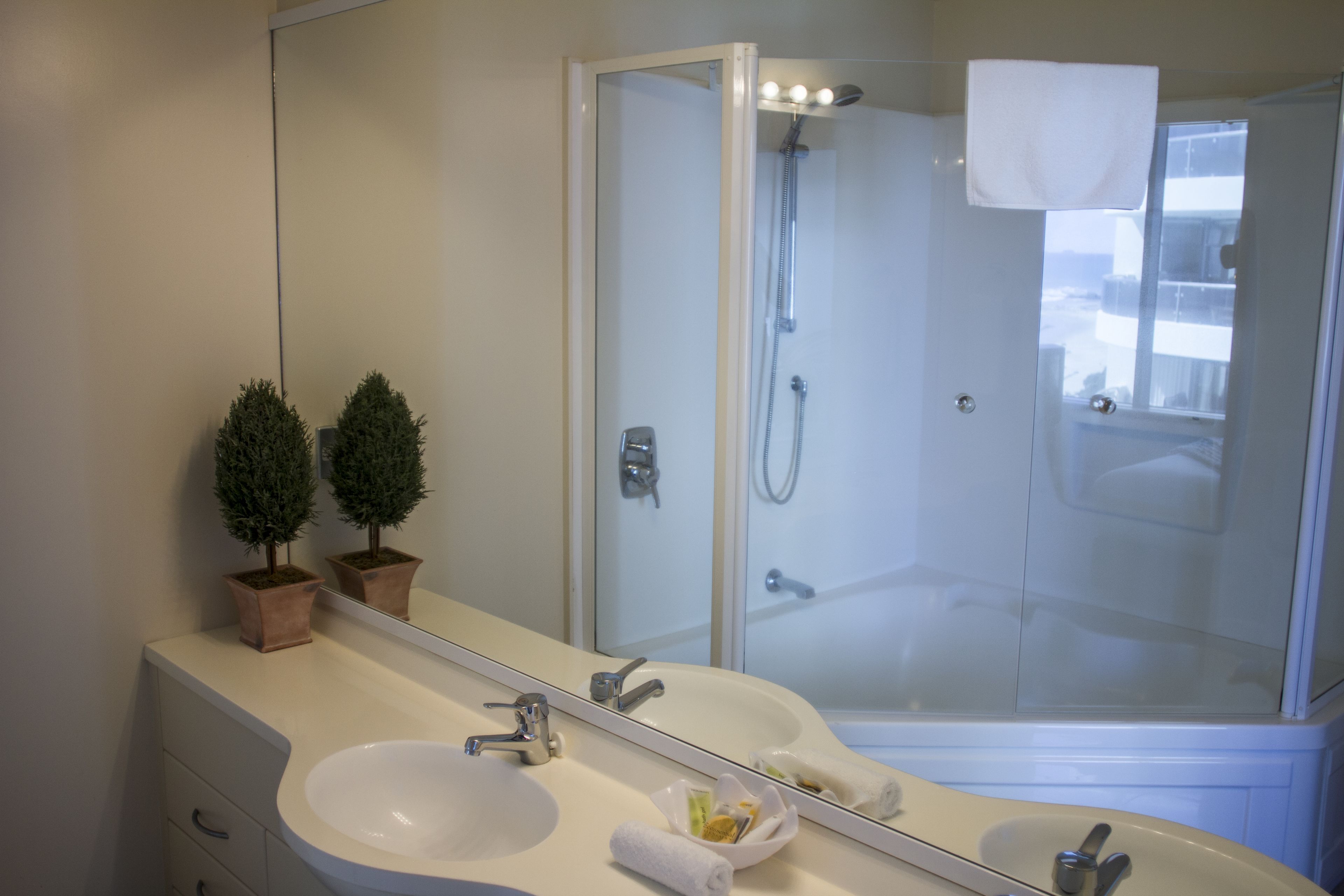 A bathroom with two sinks, a shower, and a large mirror.