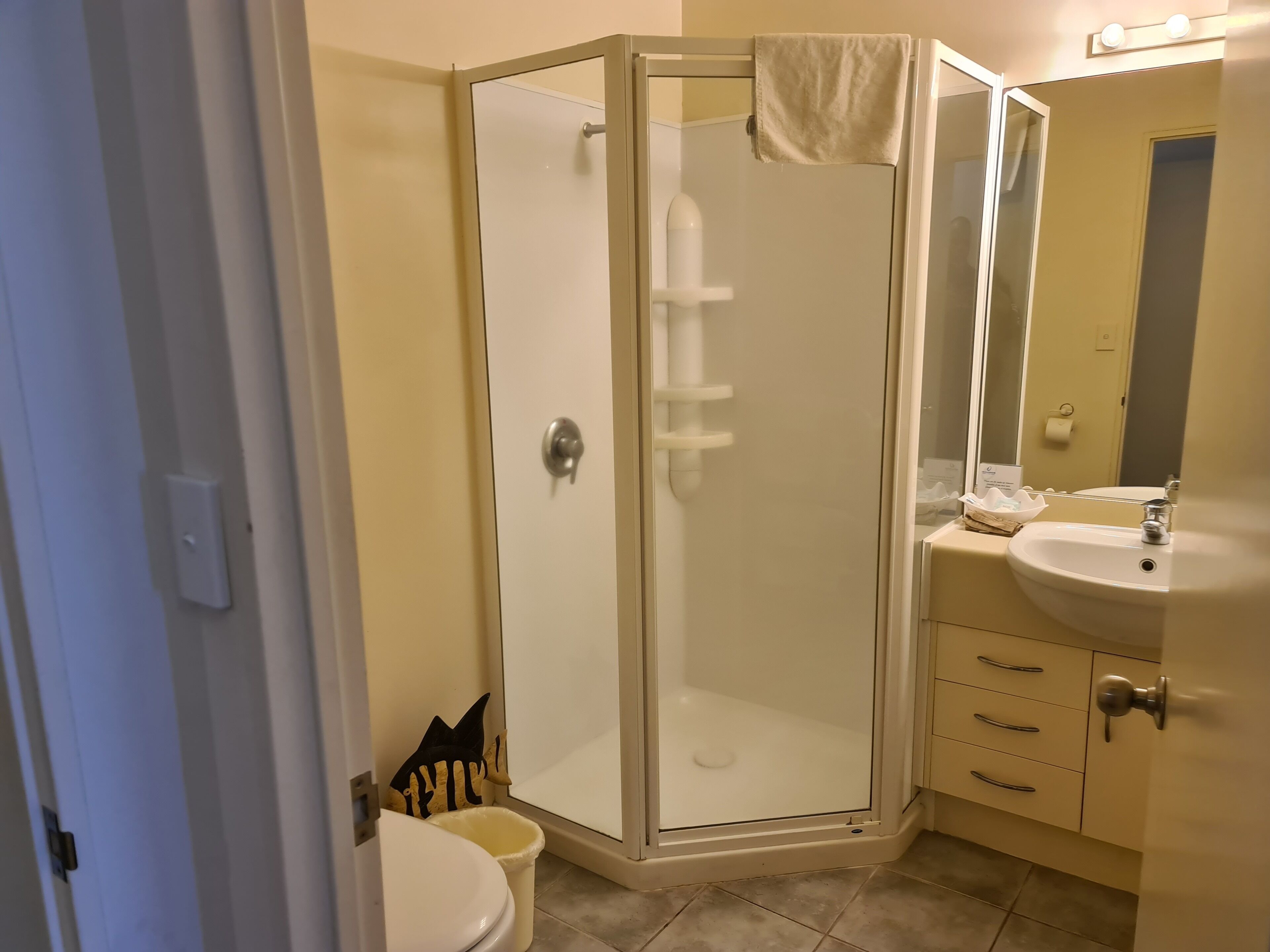 A bathroom with a glass-enclosed shower, a toilet, a sink, and a mirror.