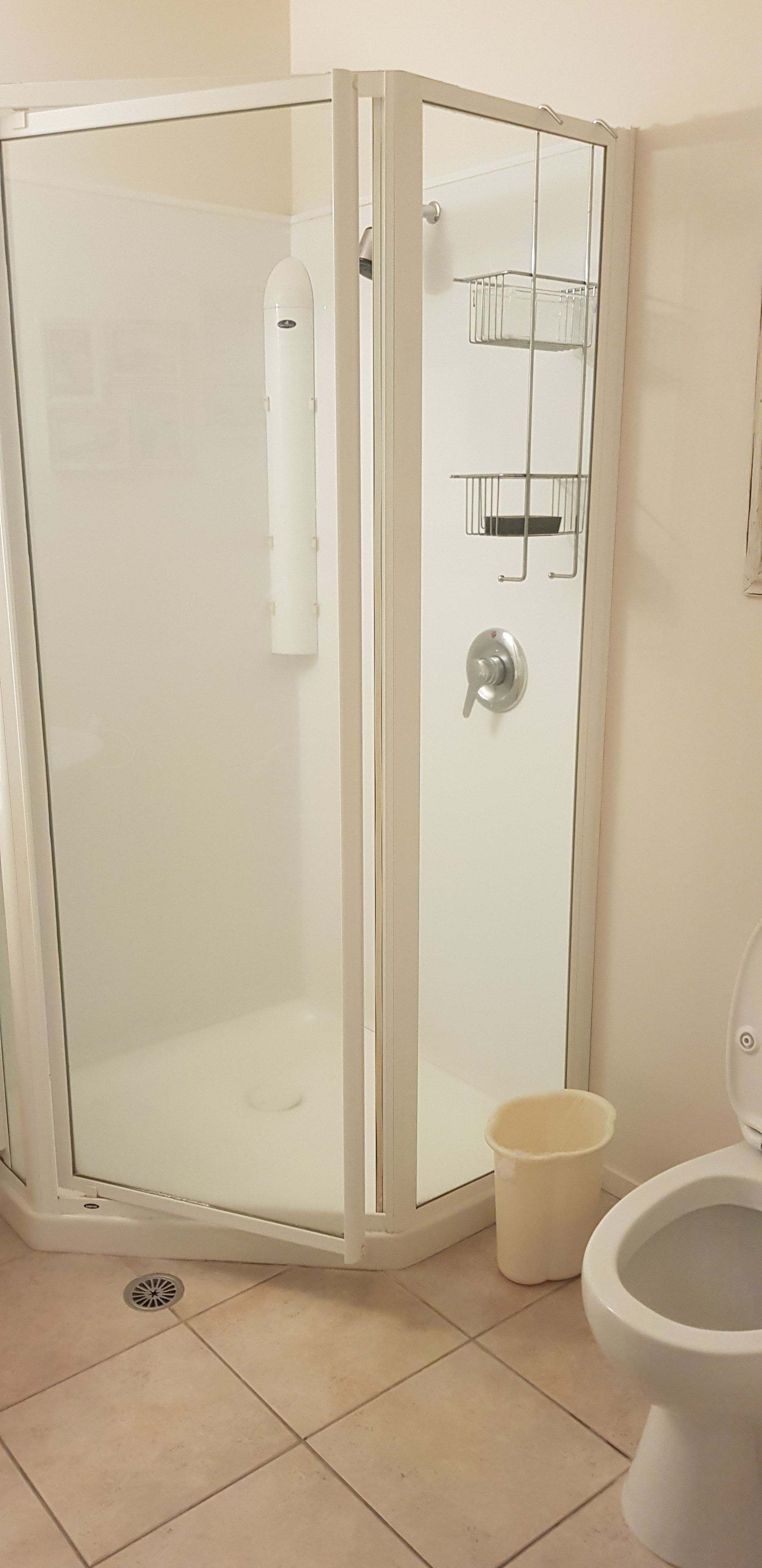 Ducha en esquina con mampara de vidrio, inodoro blanco y un pequeño cubo de basura.