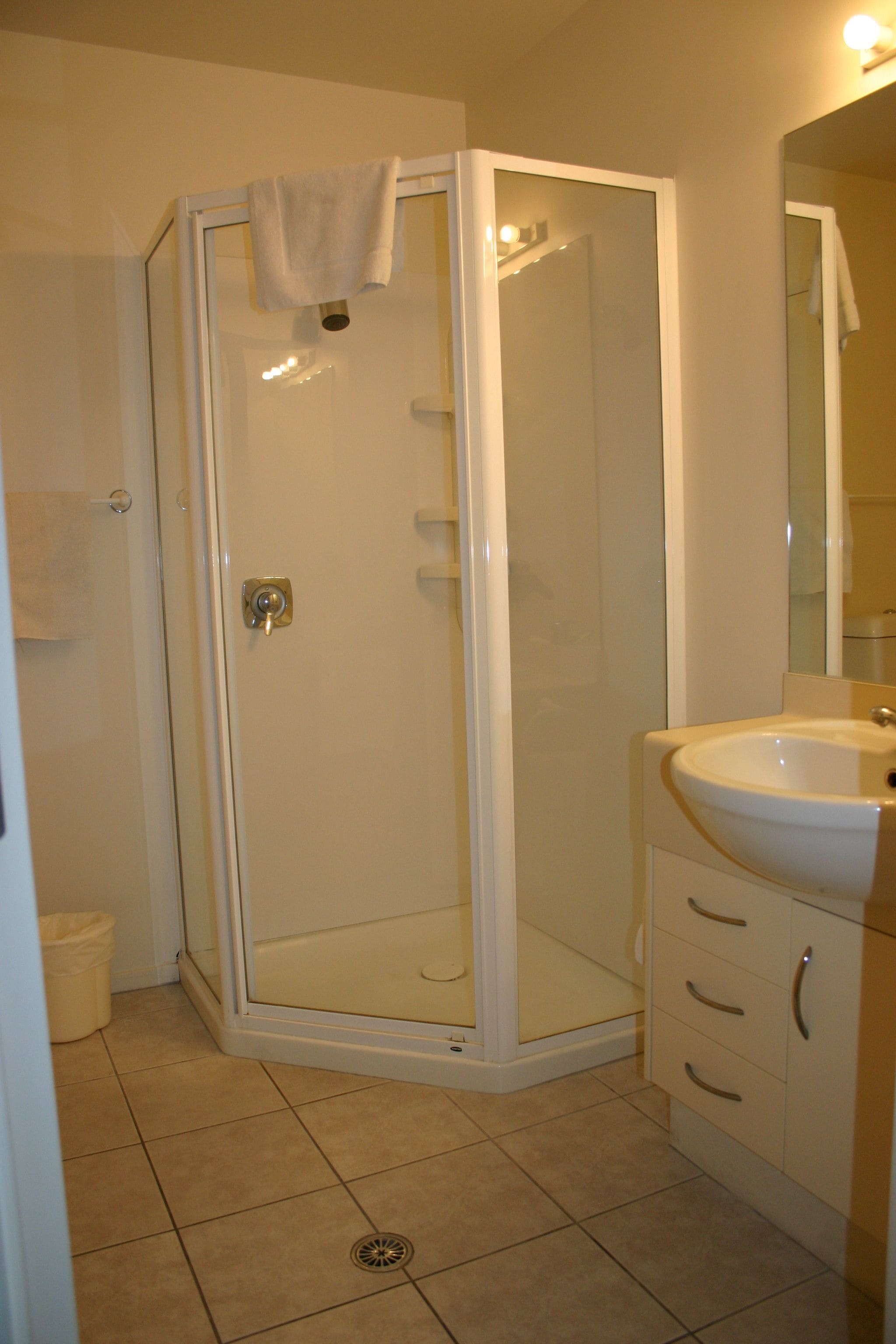 A bathroom with a glass shower enclosure, a sink, and a mirror.