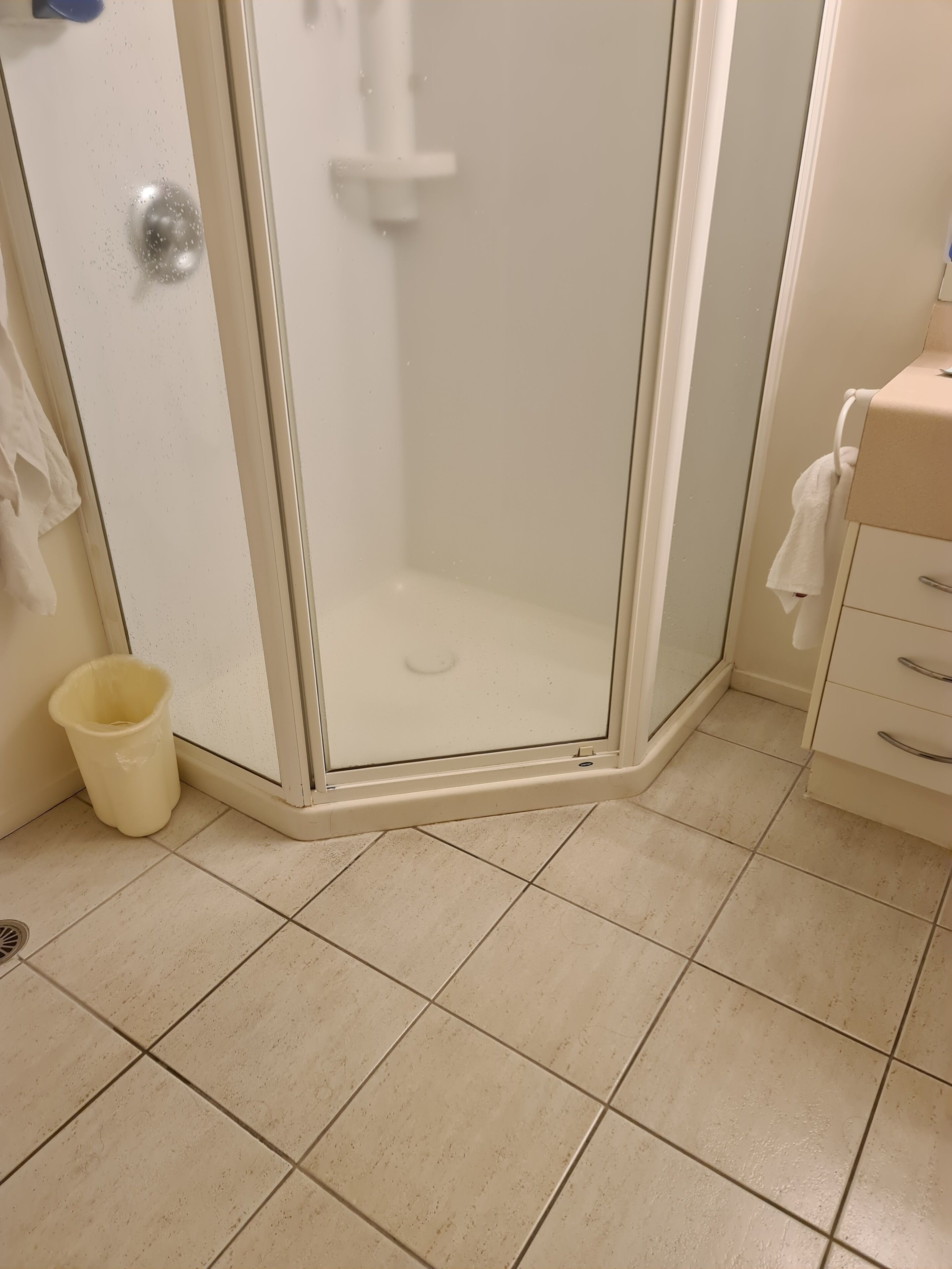 A corner bathroom with a glass shower enclosure, a white trash bin, and a beige tiled floor.