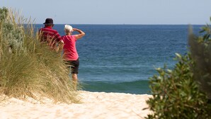 Een strandgezicht met zand en zee.