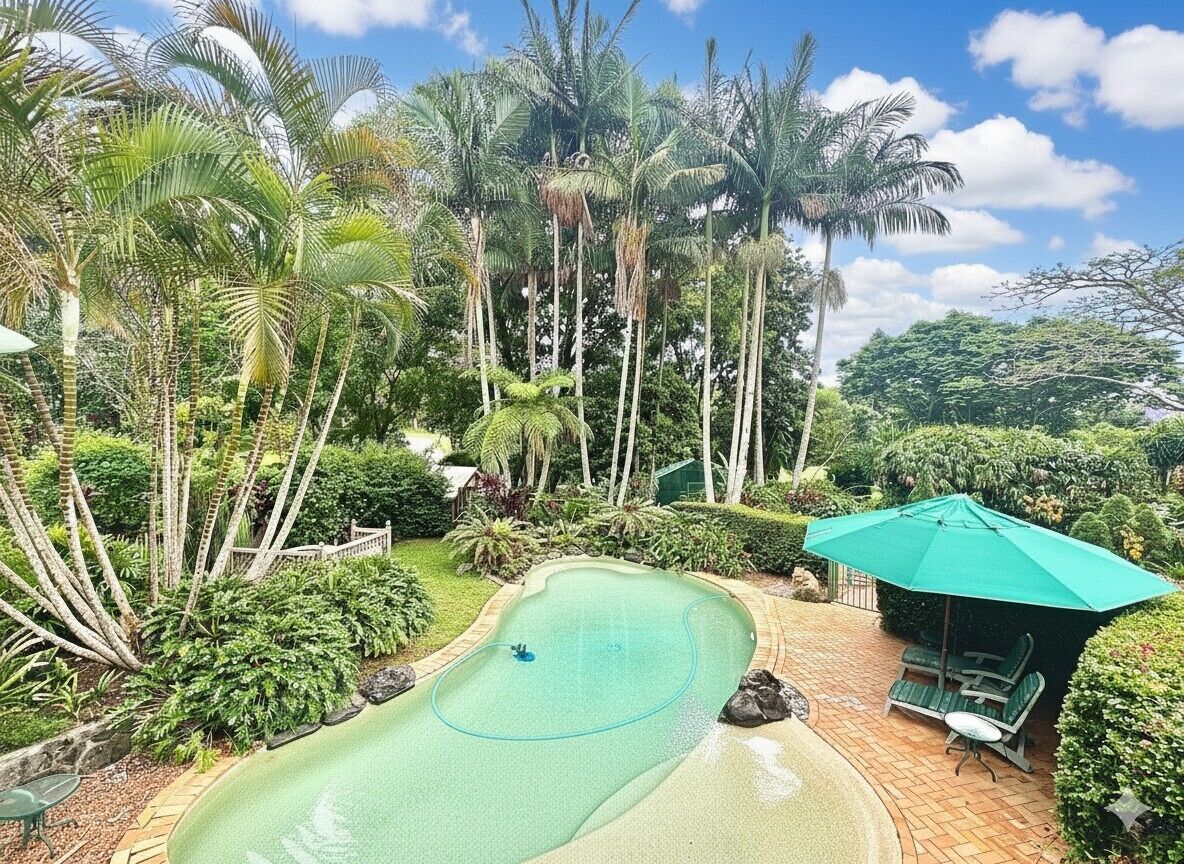 A swimming pool surrounded by lush greenery and tall palm trees.