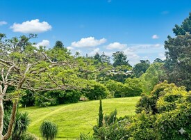A lush green landscape with rolling hills and dense trees.