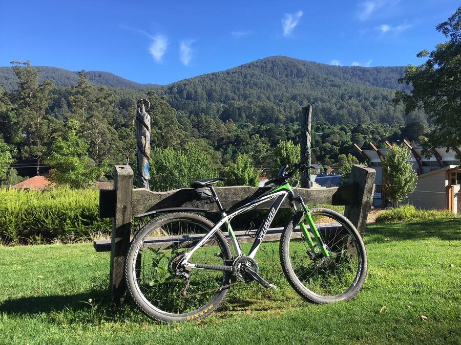 A bicycle parked on a grassy area with a mountainous backdrop.