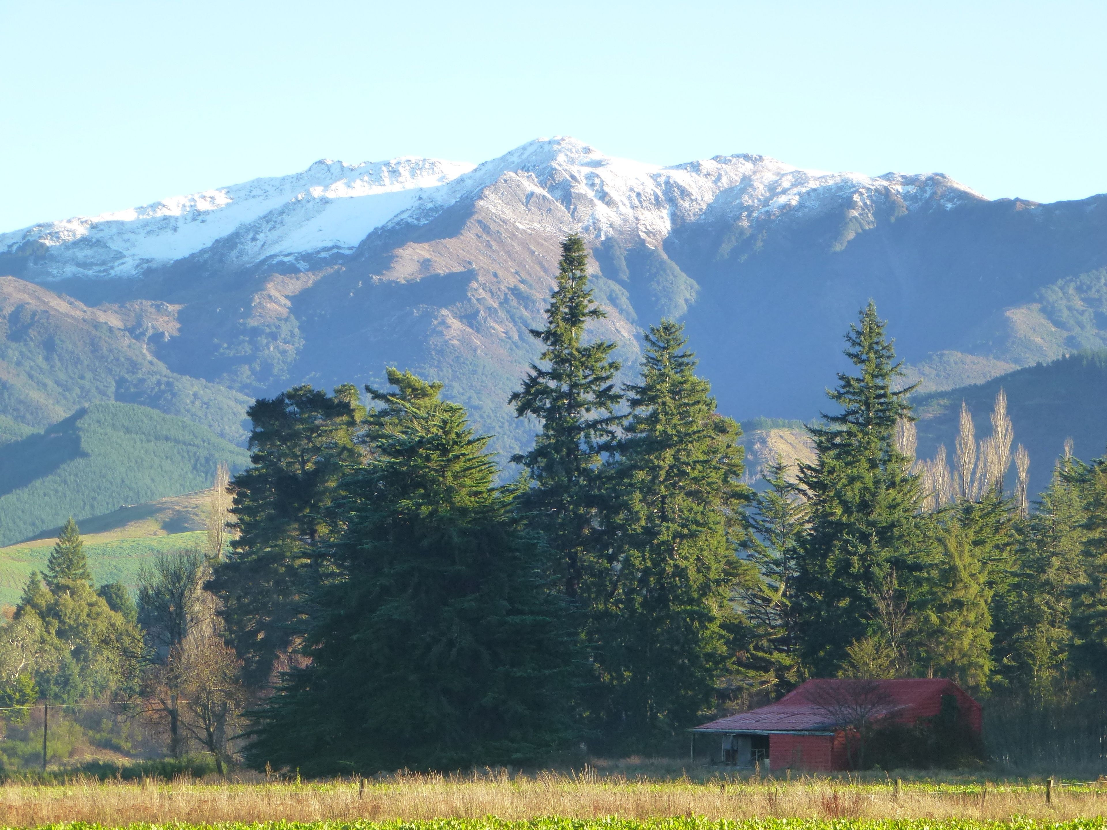 Un paysage rural avec une grange rouge, une forêt dense et, au loin, des montagnes aux sommets enneigés.
