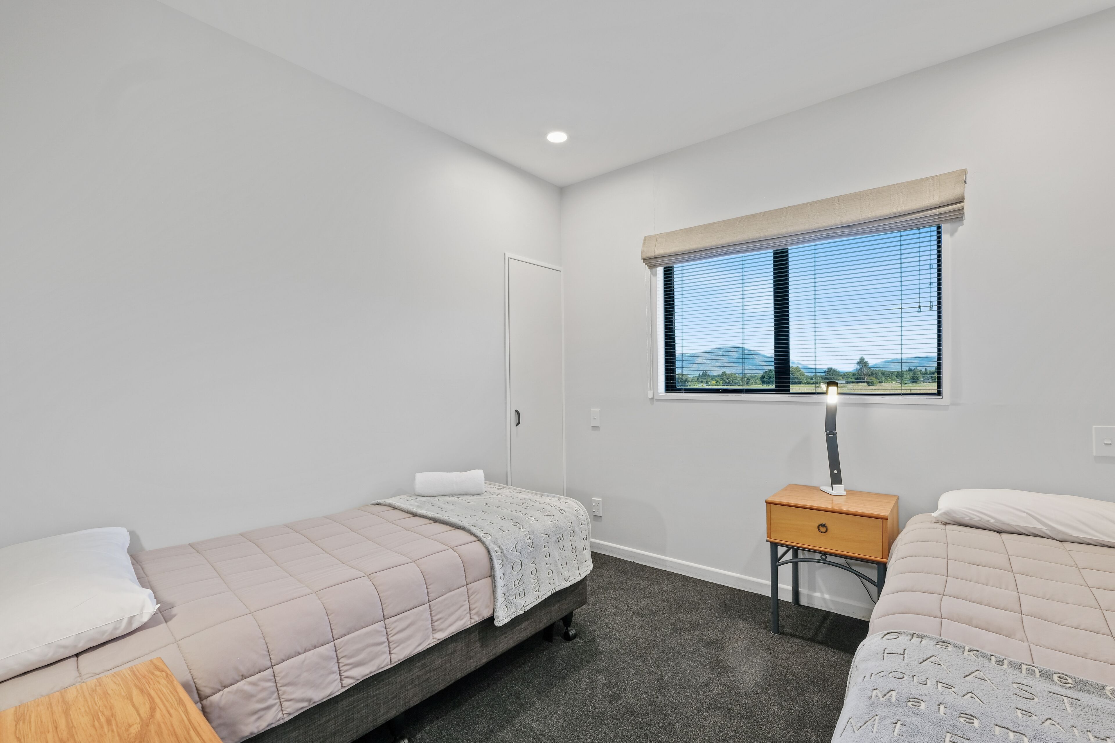 A bedroom with two single beds, a nightstand with a lamp, a window with blinds, and a door.