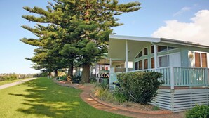 A row of single-story cabins with a covered porch, surrounded by well-maintained lawns and a large pine tree. - Surf Beach Holiday Park (Kiama)