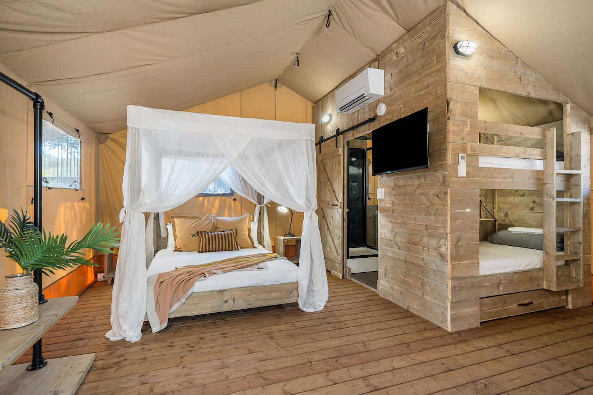 A tent-style room with a canopy bed, a wooden bunk bed, a flat-screen TV, and a potted plant.