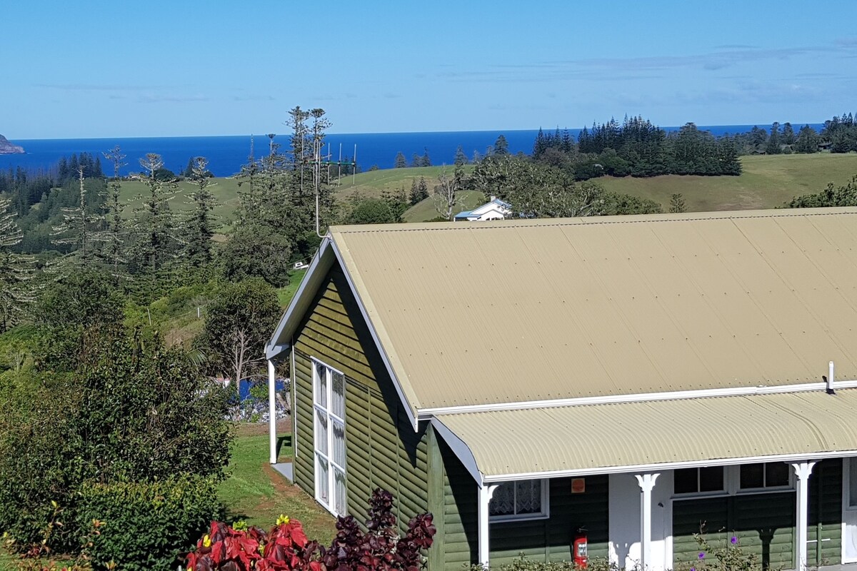 A green house with a sloped roof, surrounded by lush greenery and a view of the ocean.