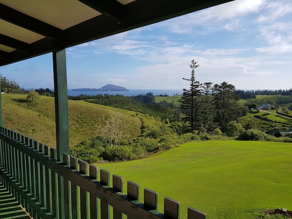 A view from a covered outdoor area with a staircase leading down, overlooking a green landscape with trees and a distant mountain.