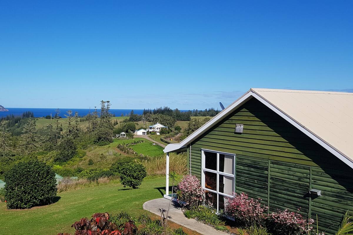A green house with a sloped roof, surrounded by lush greenery and a view of the ocean.