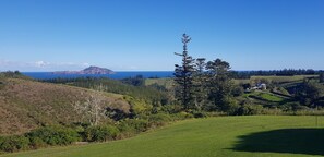 A golf course with rolling hills, a large tree, and a distant island.