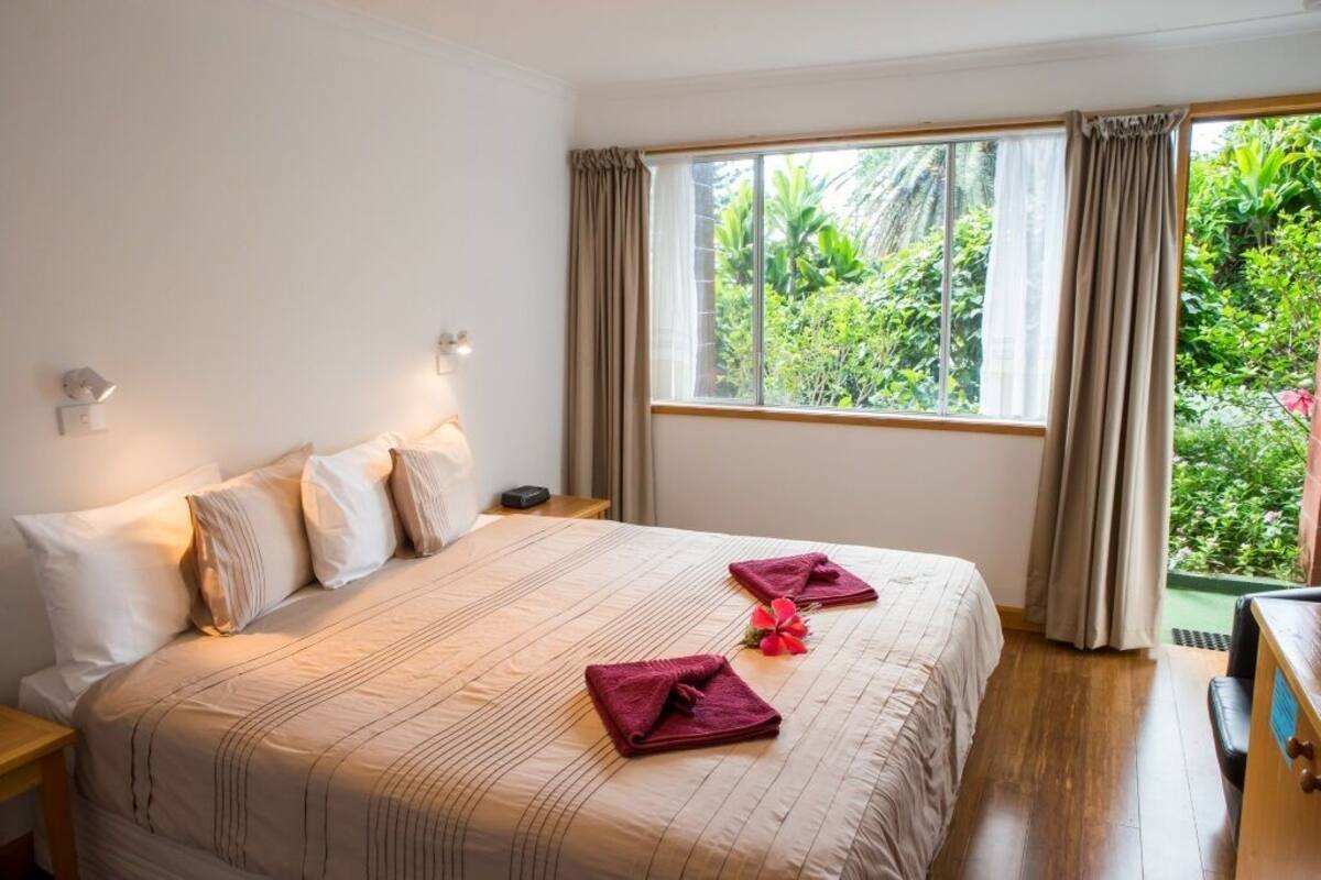 A hotel room with a large bed, two bedside tables, a window with curtains, and a view of greenery outside.
