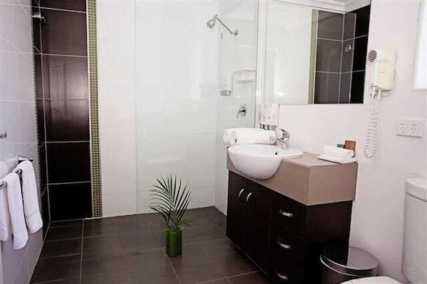 Shower, hair dryer, towels