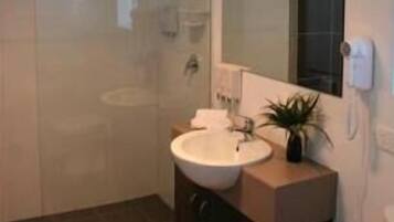 A modern bathroom with a glass shower enclosure, a white sink, and a large mirror.
