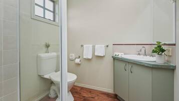 A bathroom with a toilet, sink, and a small window.