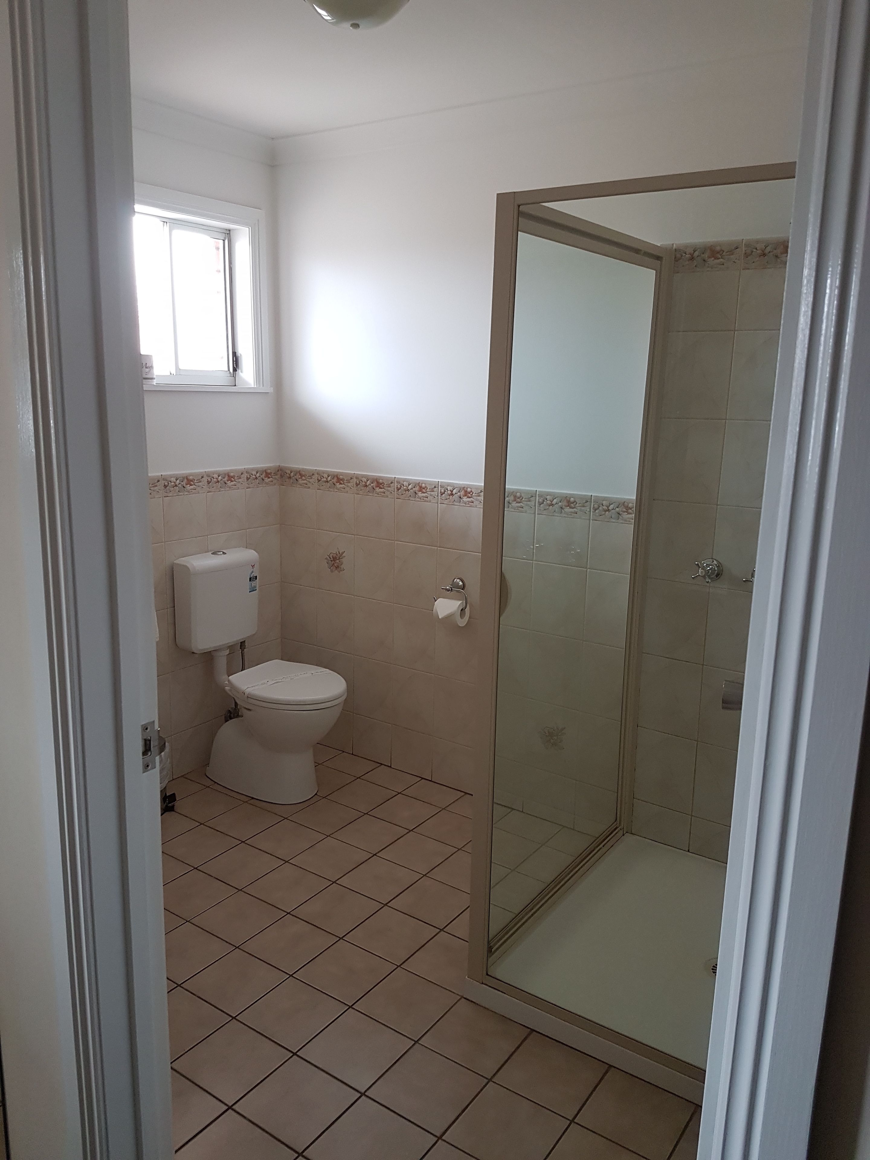A bathroom with a toilet, a shower, and a window.