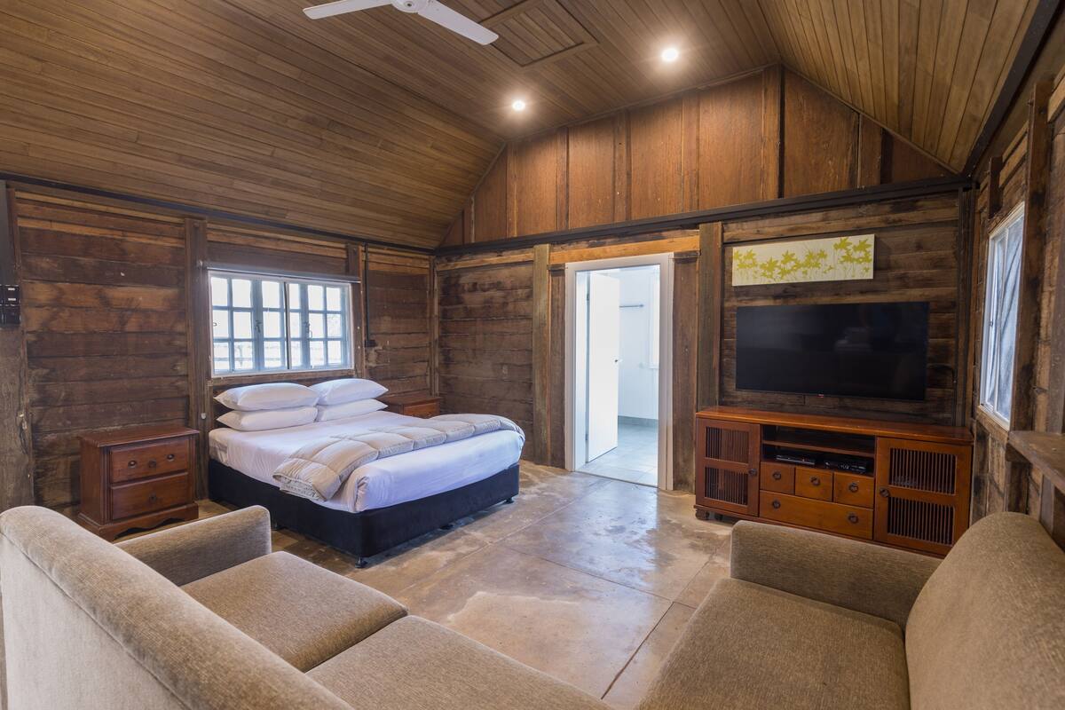 A rustic wooden room with a bed, a television, and a sofa.