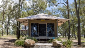 A small, single-story structure with a sloped roof and large windows, surrounded by trees and rocks, with a paved entrance. - NRMA Lake Somerset Holiday Park (Hazeldean)