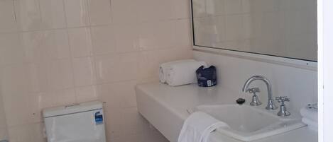 A bathroom with a toilet, sink, and mirror.