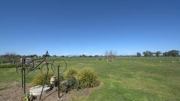 A rural landscape with a bicycle and a concrete structure in the foreground.