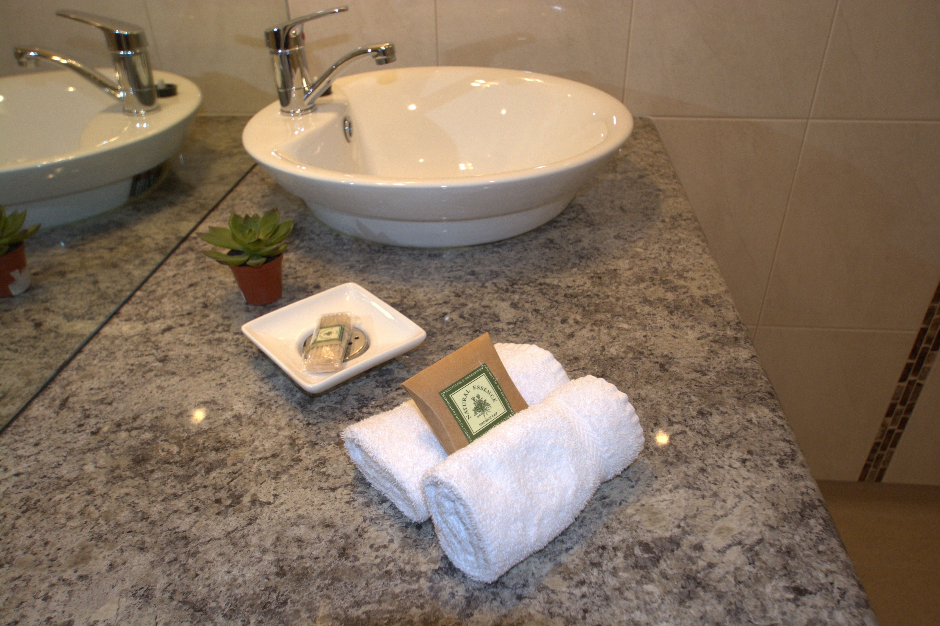 Un baño con dos lavamanos, una toalla, una planta pequeña y un jabonera.