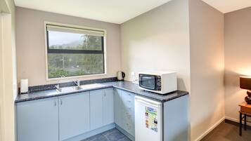 Una cocina compacta con ventana, microondas, pileta y pequeño refrigerador.