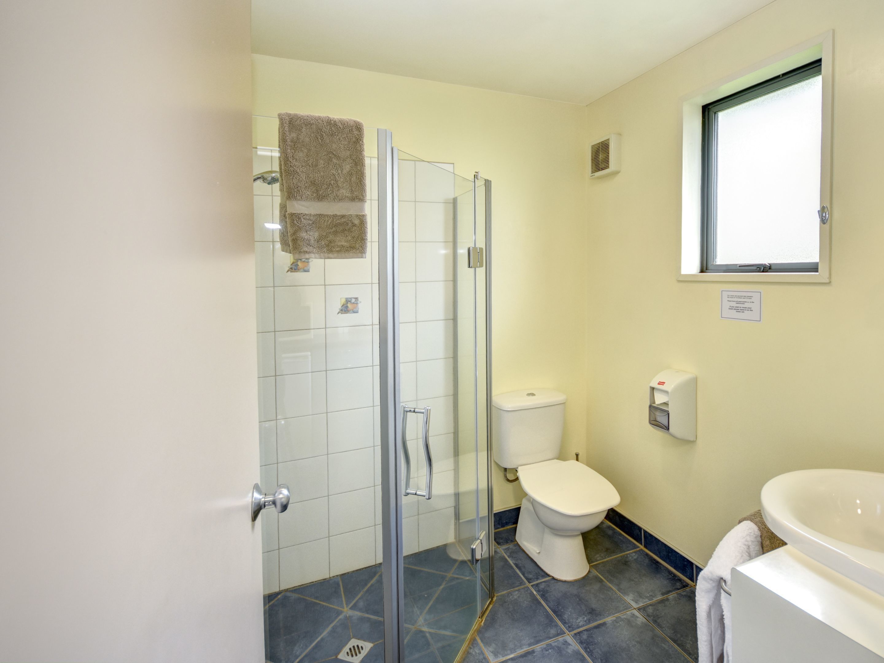 Ein Badezimmer mit Duschkabine aus Glas, Toilette, Waschbecken und Fenster.