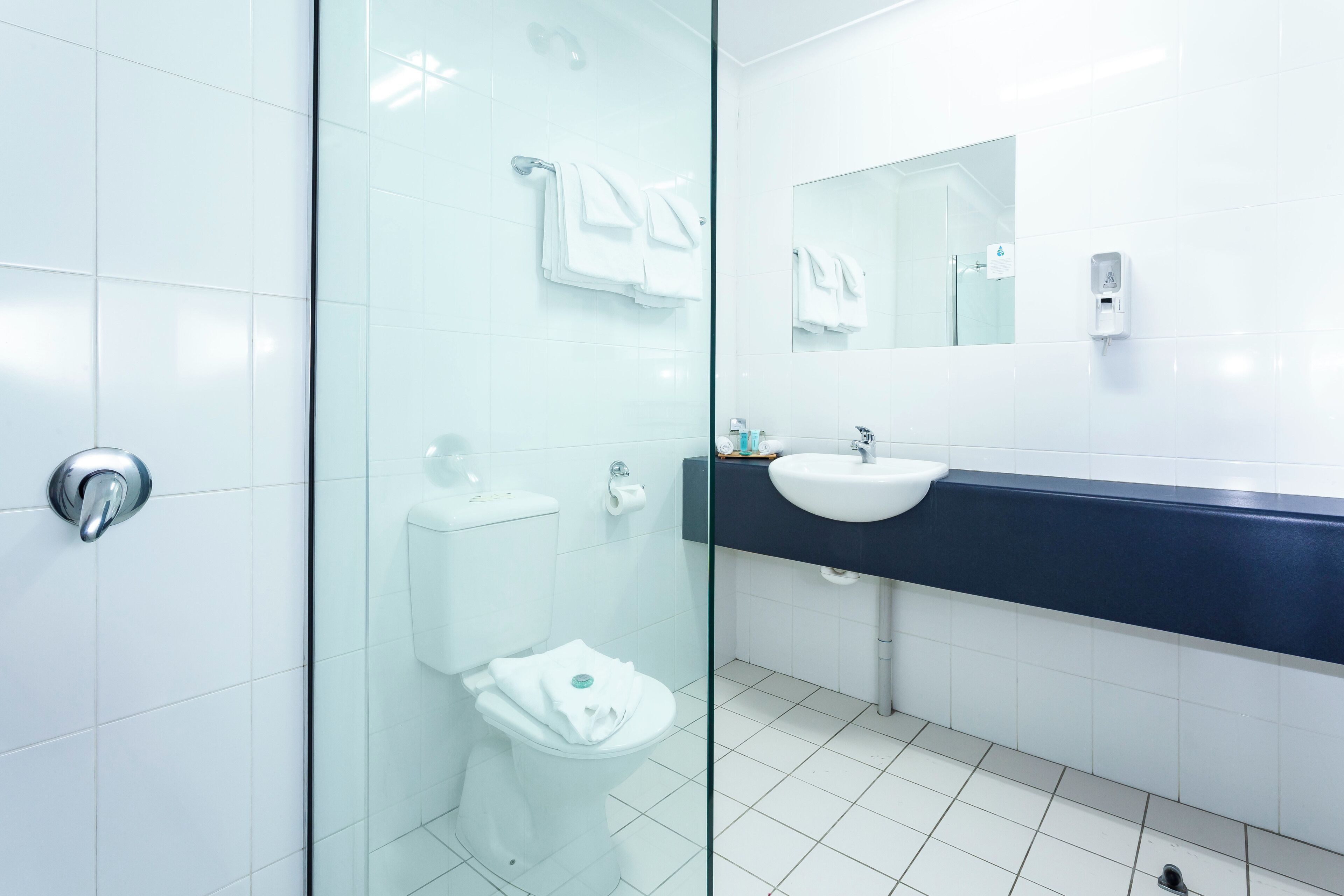 A modern bathroom with a glass shower enclosure, a white toilet, a sink with a dark countertop, and a mirror above the sink.