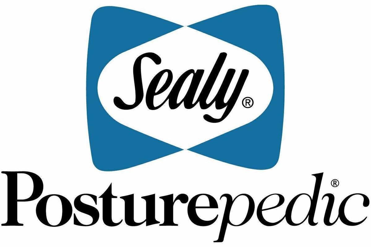 A logo with the word "Sealy" in a stylized font inside a blue and white shape, and the word "Posturepedic" below it.