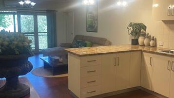 Full-sized fridge, microwave, oven, stovetop