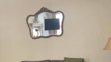Una sala de estar con un sofá gris, un tapete peludo rojo y un sillón azul.