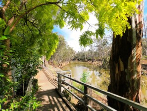 A wooden pathway leading to a body of water, surrounded by trees and a wooden railing. - CocknBull Boutique Hotel (Echuca)
