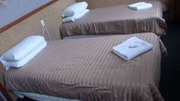 Two single beds with brown bedding and white pillows, a power outlet on the wall, and a wooden headboard.
