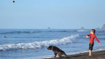 Beach nearby, black sand, beach towels