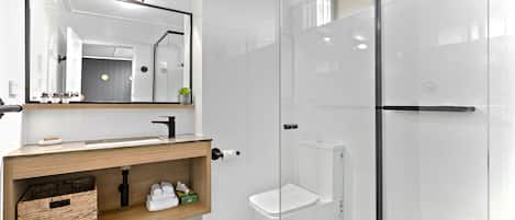 Shower, free toiletries, hair dryer, towels