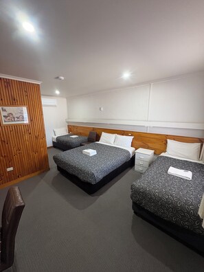 Quarto de hotel com duas camas, painel de parede em madeira, um quadro emoldurado e uma luminária de teto branca.