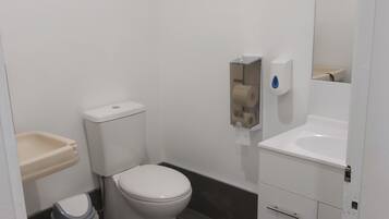 Une petite salle de bain propre, équipée de toilettes, d’un lavabo et d’un miroir.