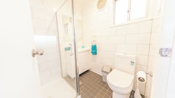 A bathroom with a glass shower enclosure, a toilet, and a sink.