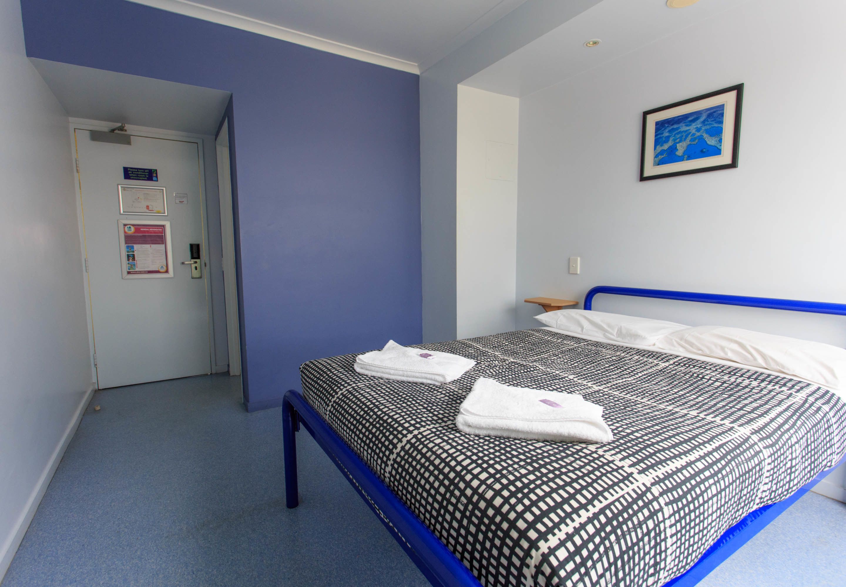 A bedroom with a bed, a door, and a wall-mounted picture.