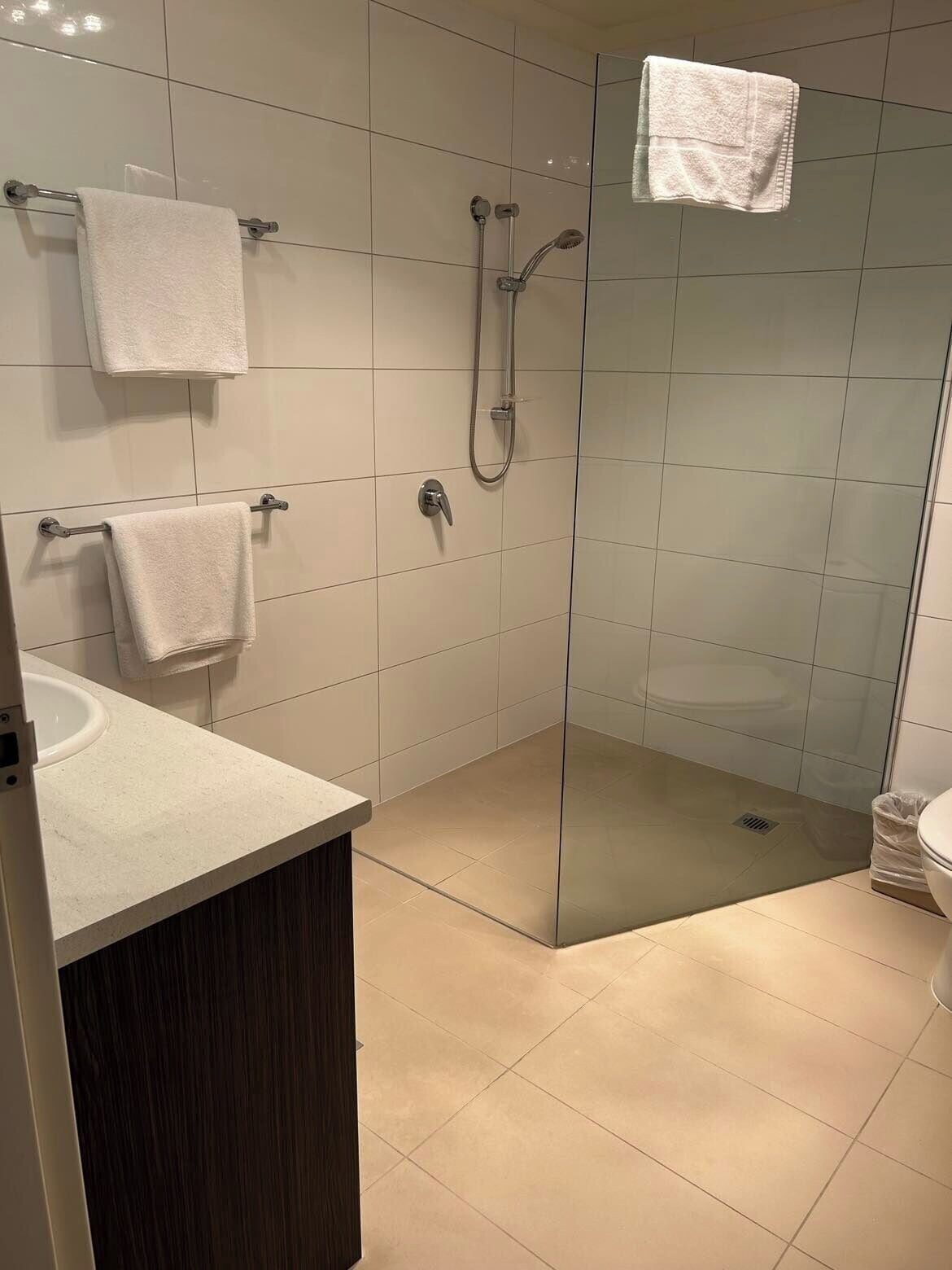 Un baño moderno con ducha de vidrio, tocador con lavamanos y dos toallas colgadas en barras.