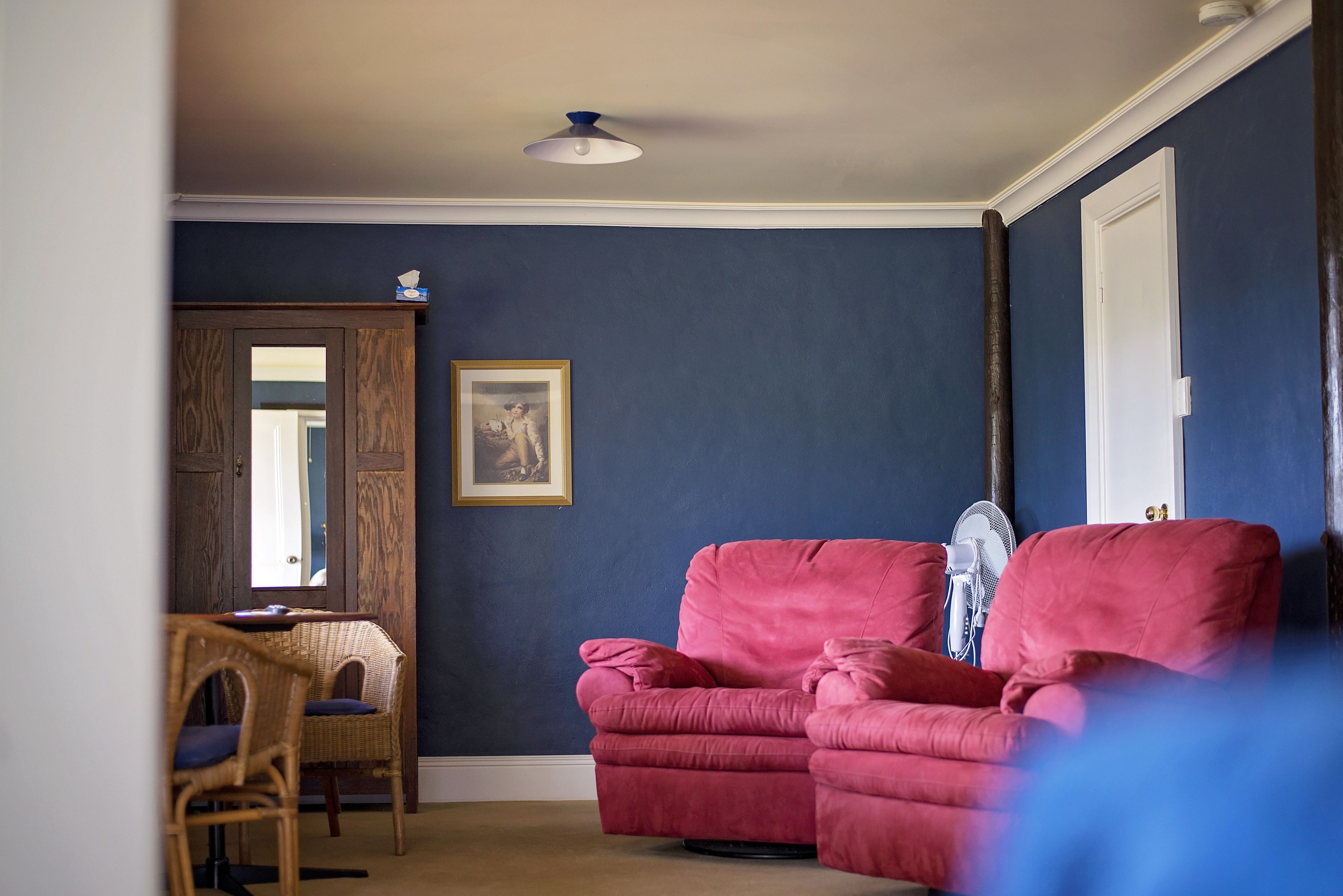 A room with a dark blue wall, a wooden door, a wicker chair, a red armchair, and a ceiling fan.